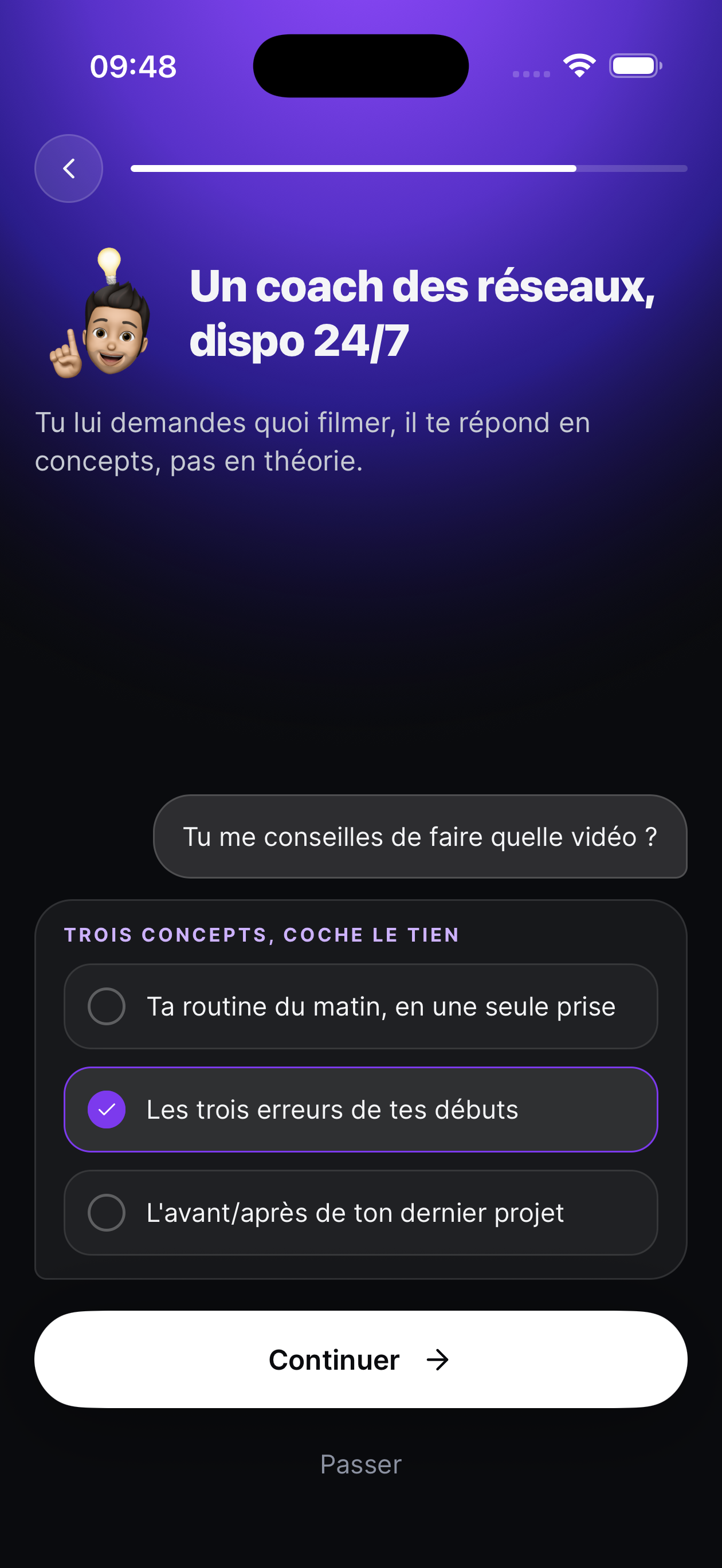 Le coach Feedz proposant trois concepts de vidéo à tester.