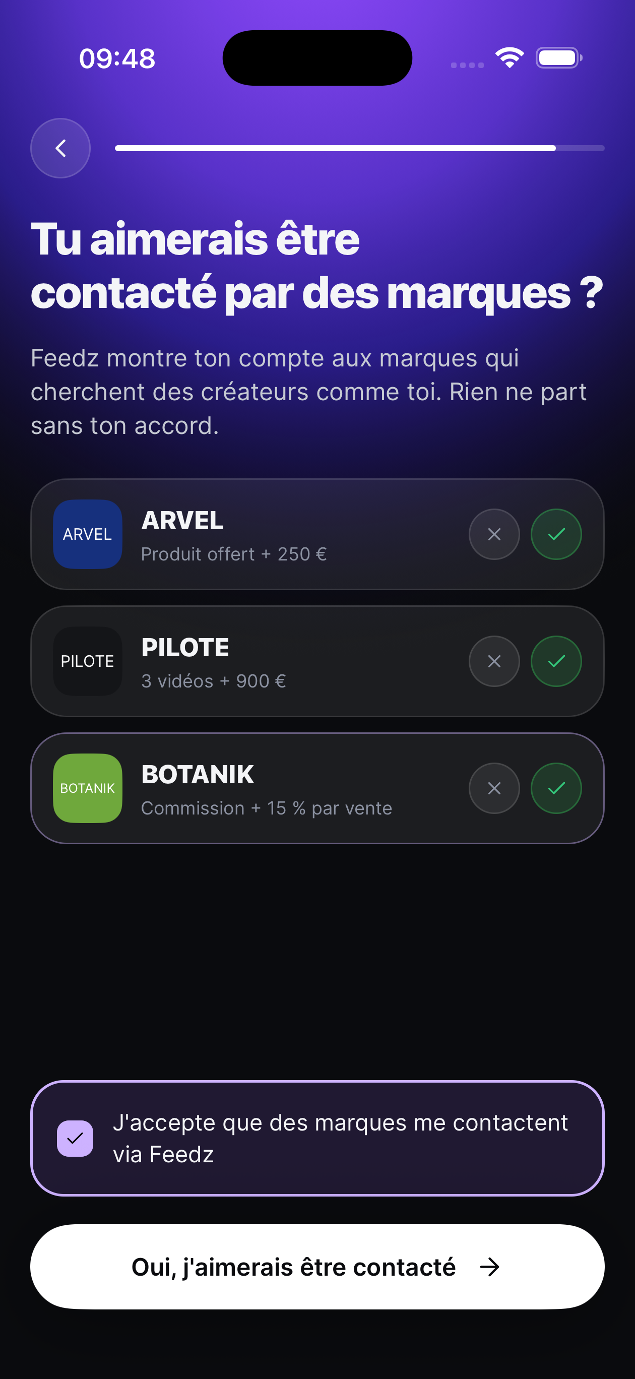 Des propositions de marques reçues dans l'app, à accepter ou refuser.